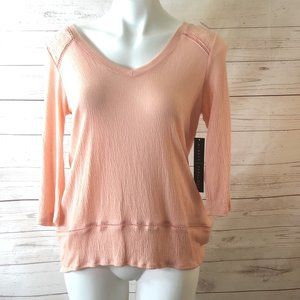 Absolutely Famous Womens Size S Orange Shirt Top Crochet Shoulder High Low Hem